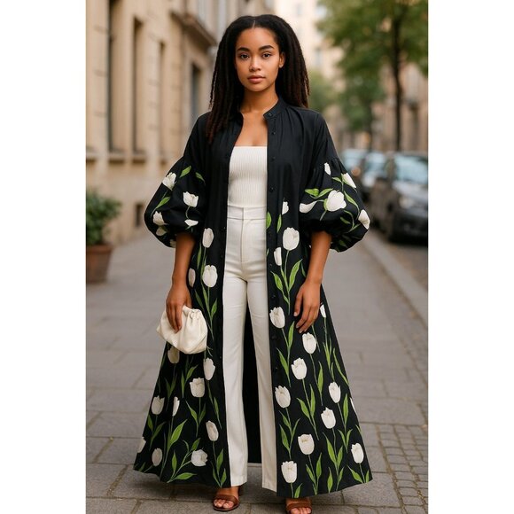 Uoozee Womens Size XL Floral Print Button Front Dress/ Trench Balloon Sleeves - Picture 2 of 12